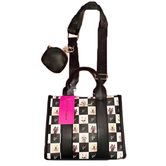 Betsey Johnson NWT Black White Checkered Dog Satchel Crossbody Purse (J - Picture 13 of 15